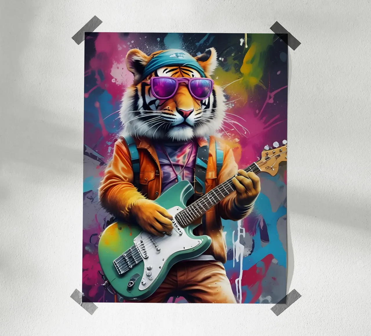 tigre suona la chitarra poster con telaio in legno da MakArena