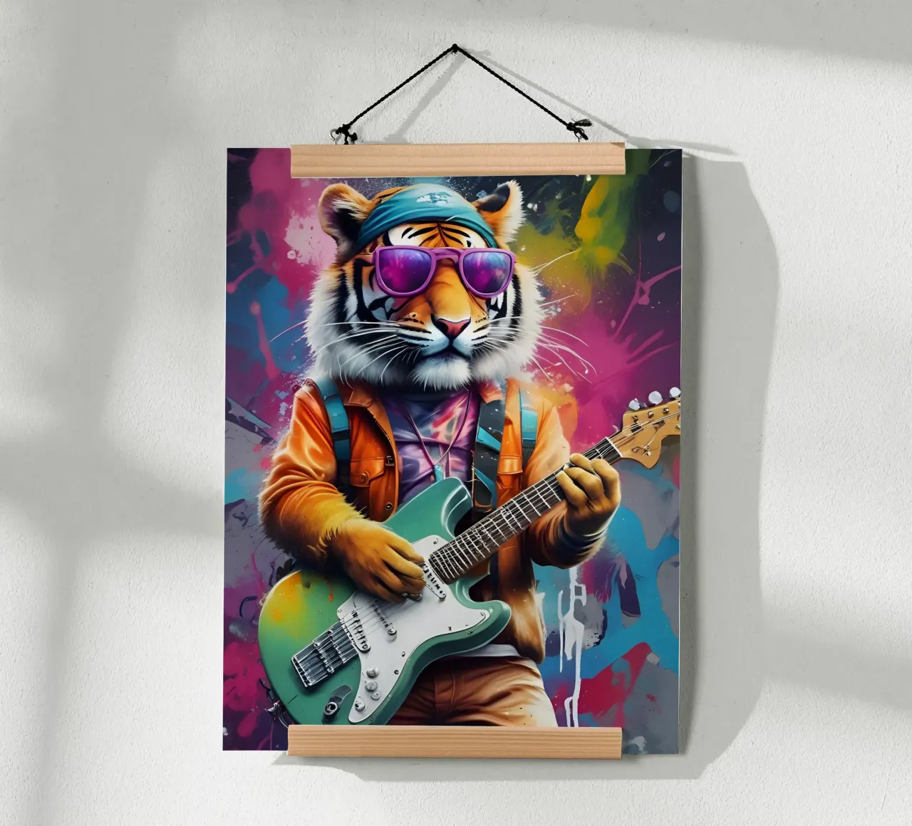 tigre suona la chitarra poster con telaio in legno da MakArena