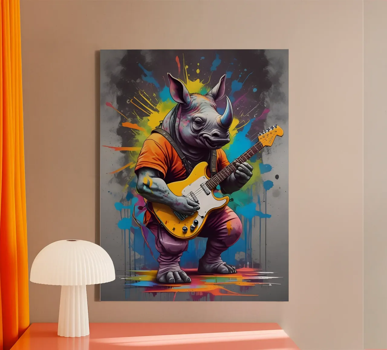 Rhinozeros spielt Gitarre Leinwand mit Schattenfugenrahmen von MakArena