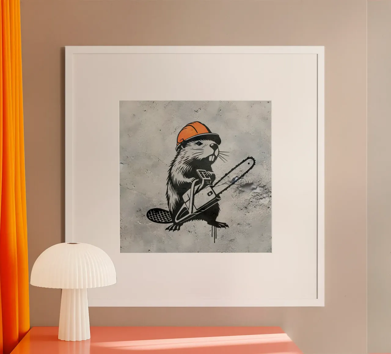 Castoro con motosega - Disegno di stencil umoristico poster con telaio in plastica da namosh