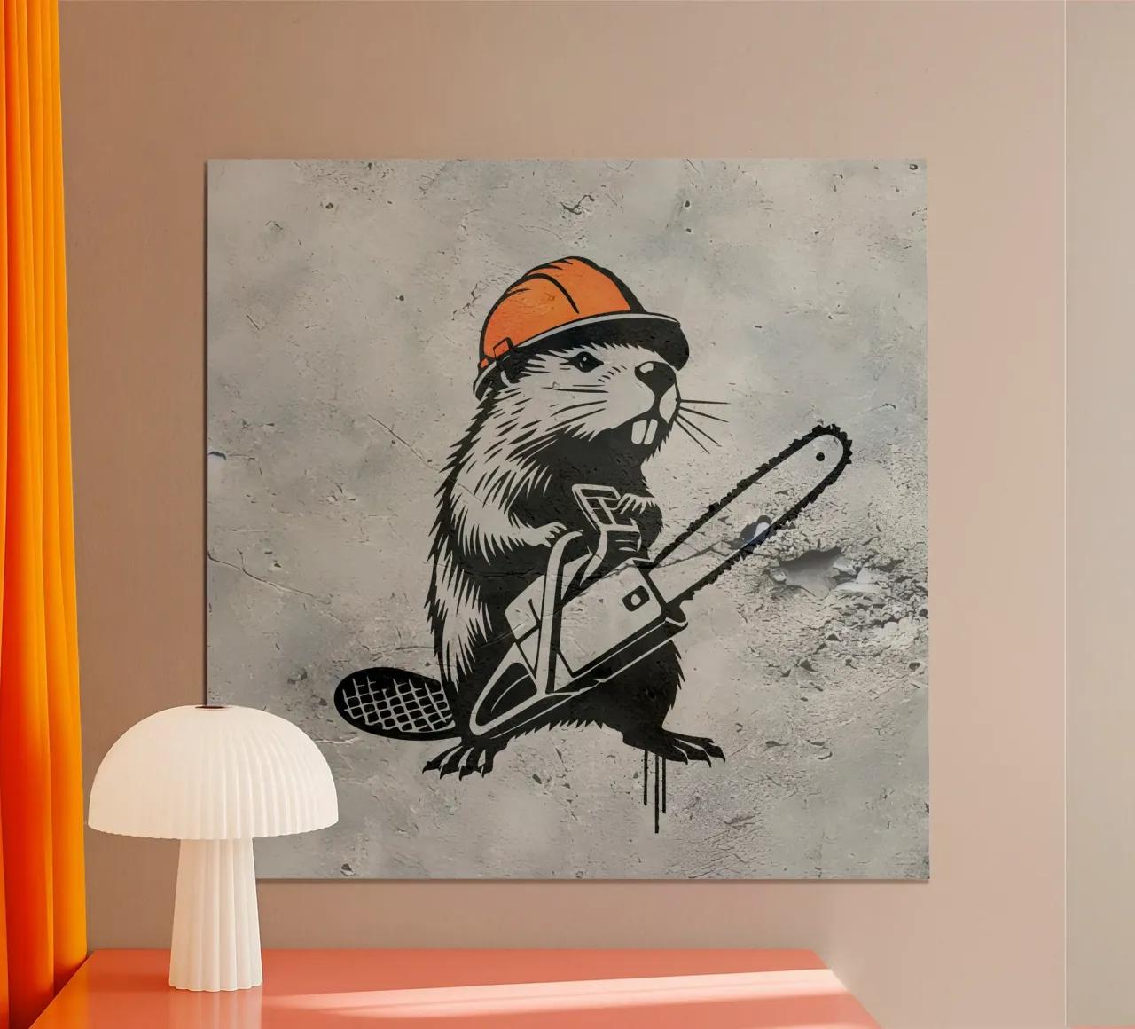 Castoro con motosega - Disegno di stencil umoristico poster con telaio in plastica da namosh