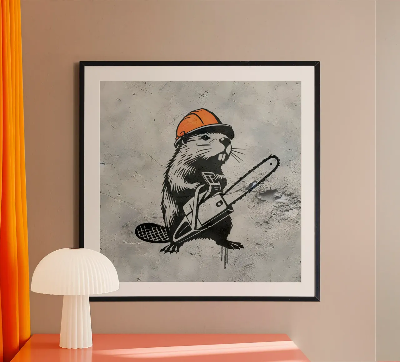 Castoro con motosega - Disegno di stencil umoristico poster con telaio in plastica da namosh