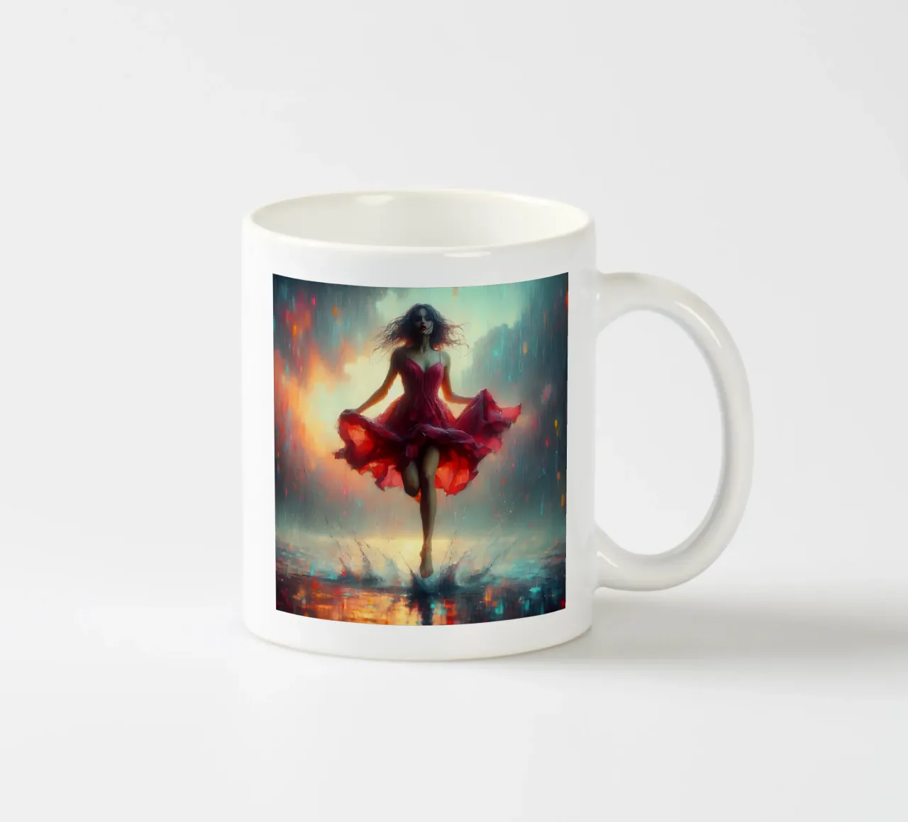 Donna con abito rosso sotto la pioggia tazza in ceramica da nomad
