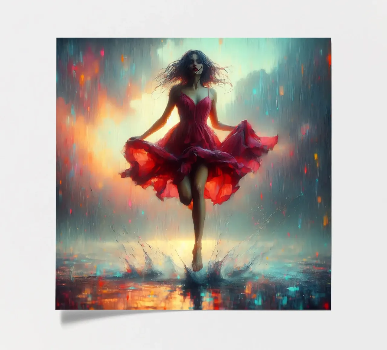 Frau mit rotem Kleid im Regen Stickerbogen von nomad