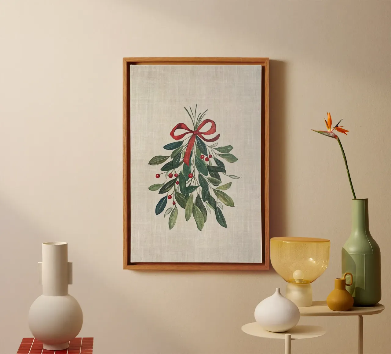 Festive Mistletoe with Red Bow and Berries canvas with Floater frame by Melloi Art Print