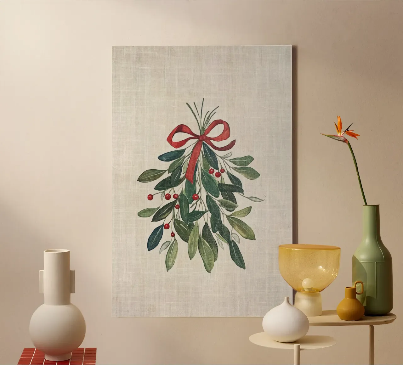 Festive Mistletoe with Red Bow and Berries canvas with Floater frame by Melloi Art Print