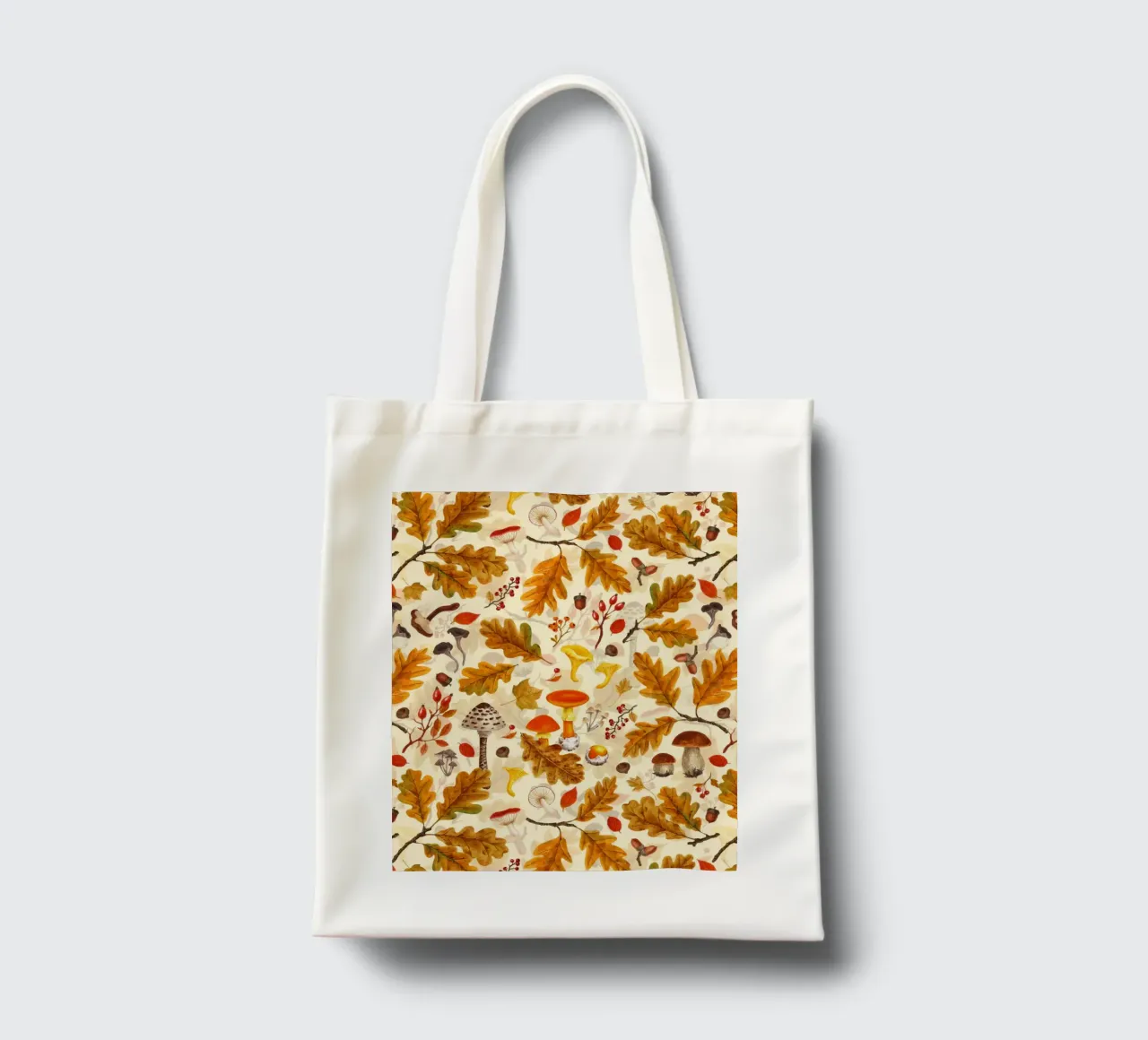 Forest mushrooms and autumn flora on cream tote bag by Painted Nature
