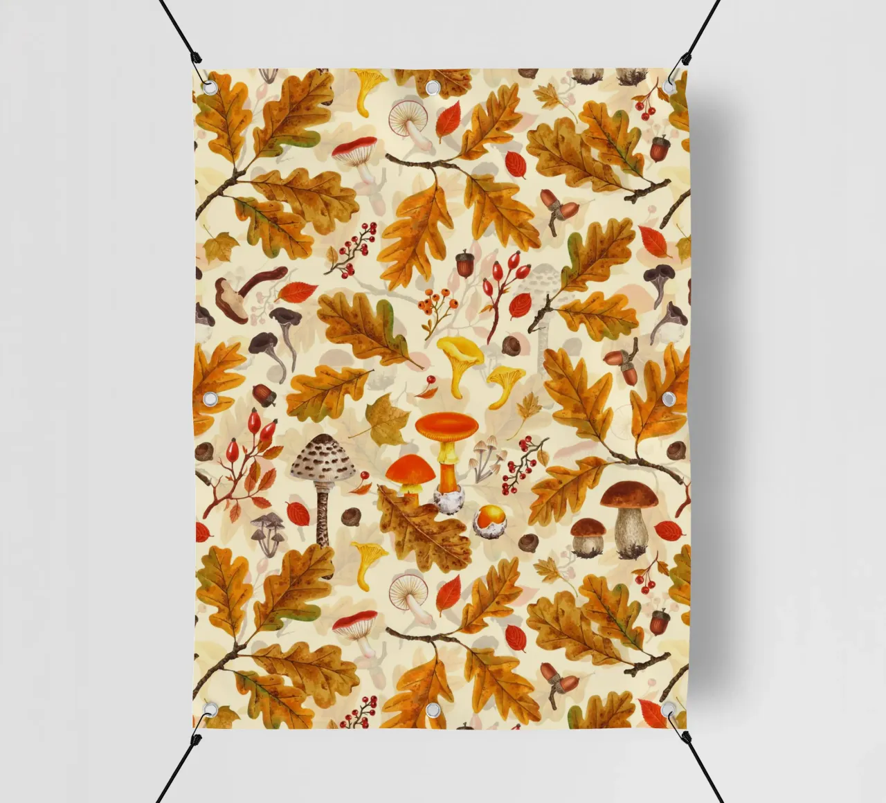 Funghi di bosco e flora autunnale su crema telo in pvc da Painted Nature