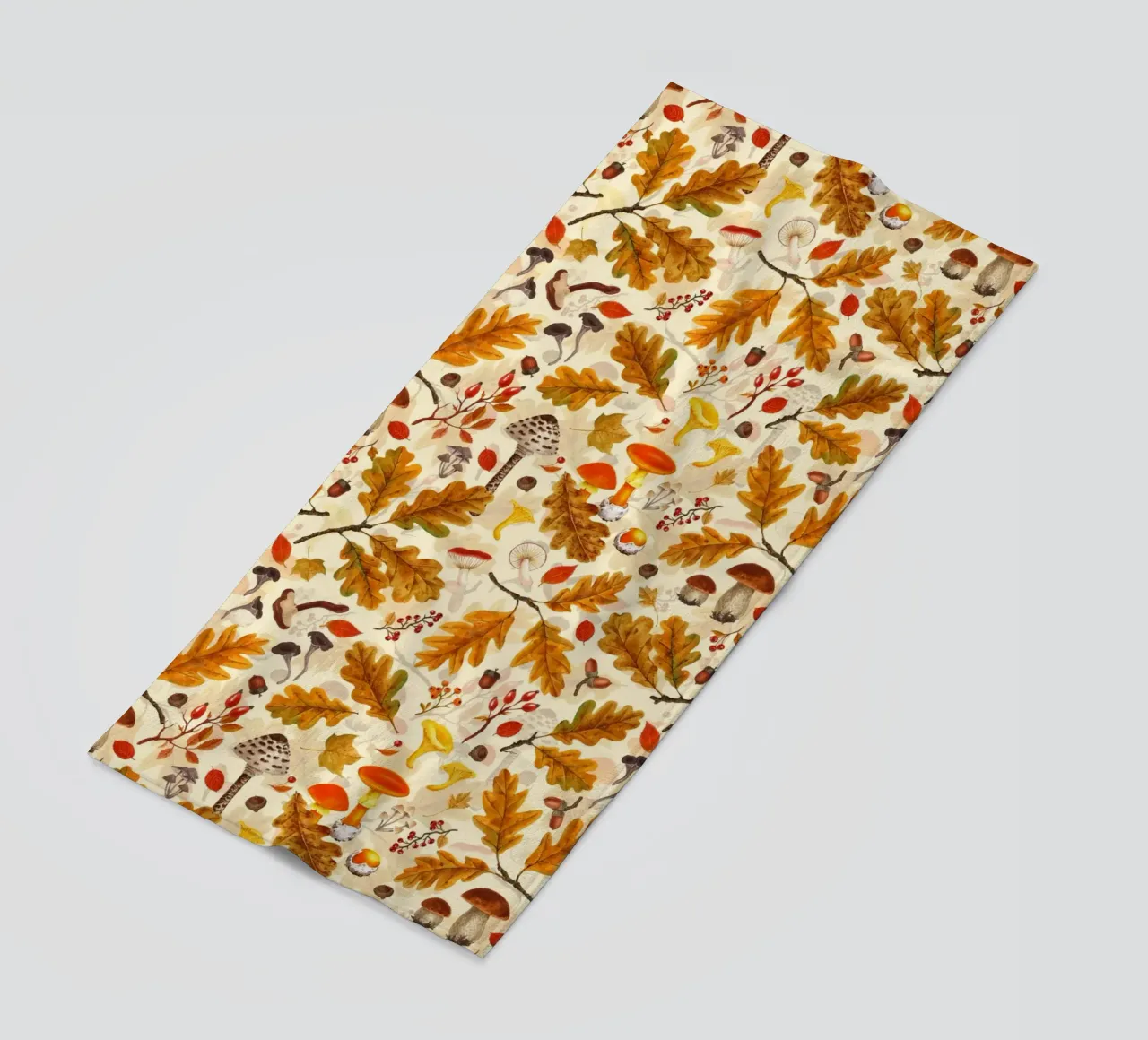 Forest mushrooms and autumn flora on cream beach towel by Painted Nature