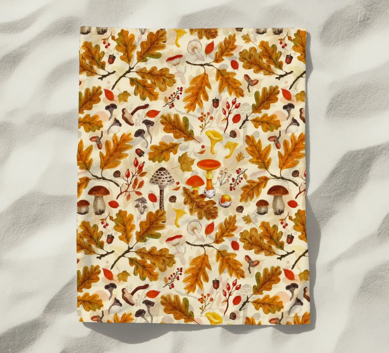 Forest mushrooms and autumn flora on cream beach towel by Painted Nature
