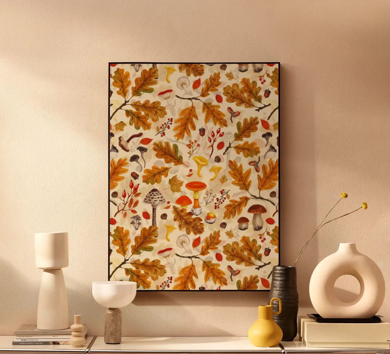 Forest mushrooms and autumn flora on cream forex plate by Painted Nature
