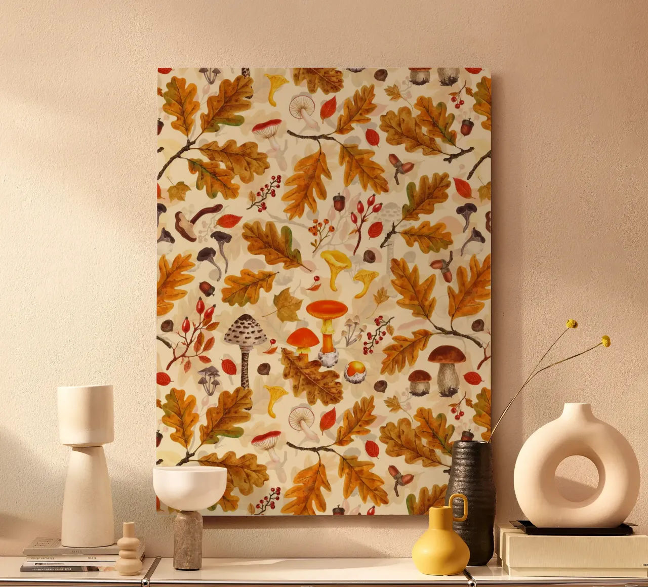Forest mushrooms and autumn flora on cream forex plate by Painted Nature