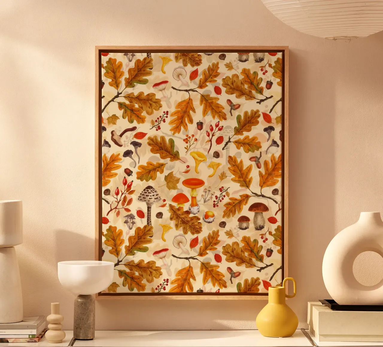 Forest mushrooms and autumn flora on cream canvas with Floater frame by Painted Nature