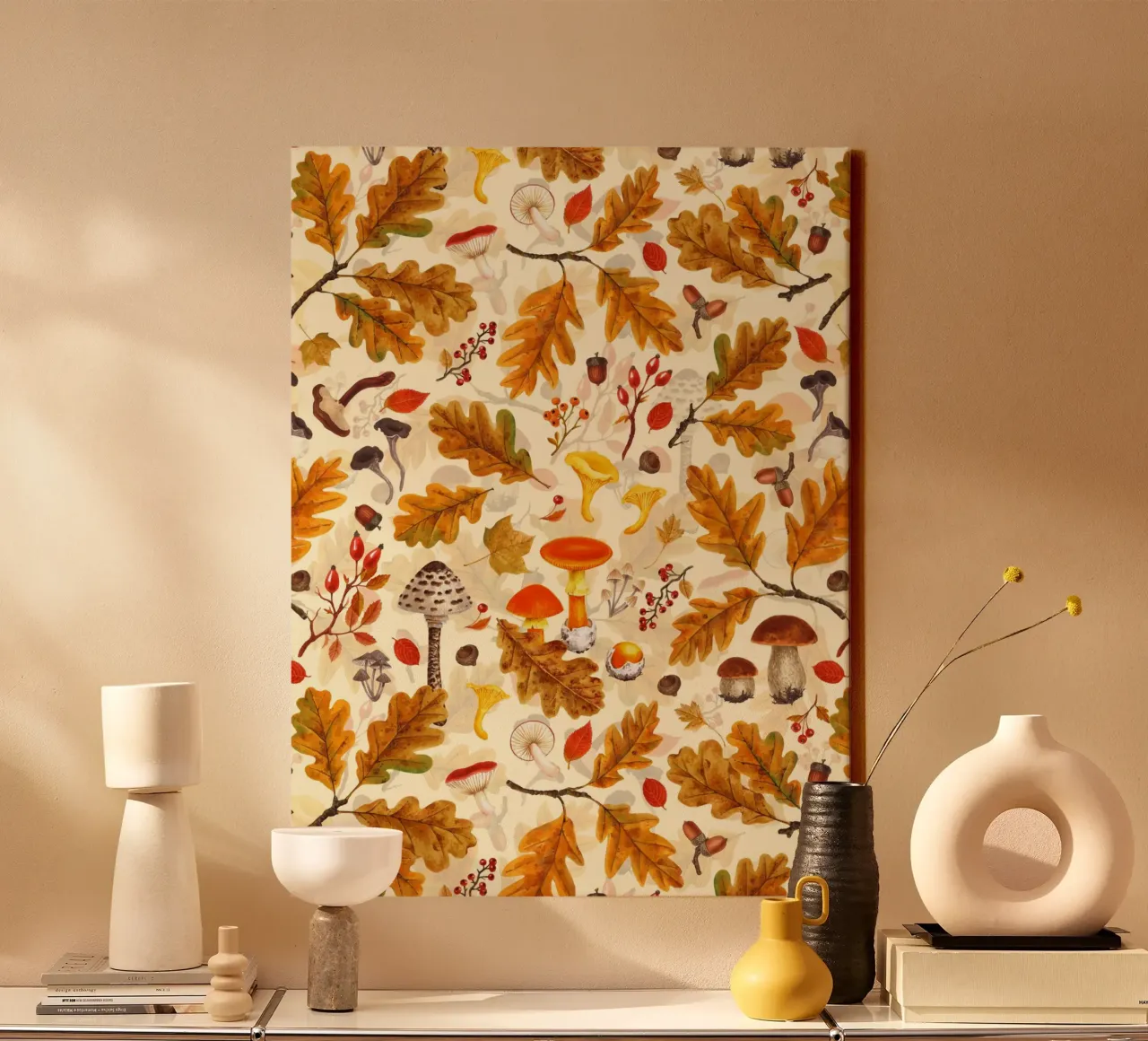 Forest mushrooms and autumn flora on cream canvas with Floater frame by Painted Nature