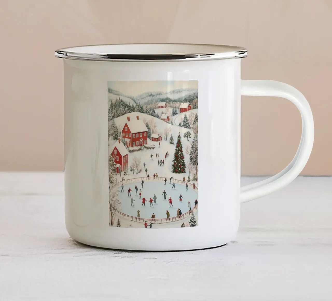 Scena di pattinaggio sul ghiaccio del villaggio invernale tazza in smalto da Melloi Art Print
