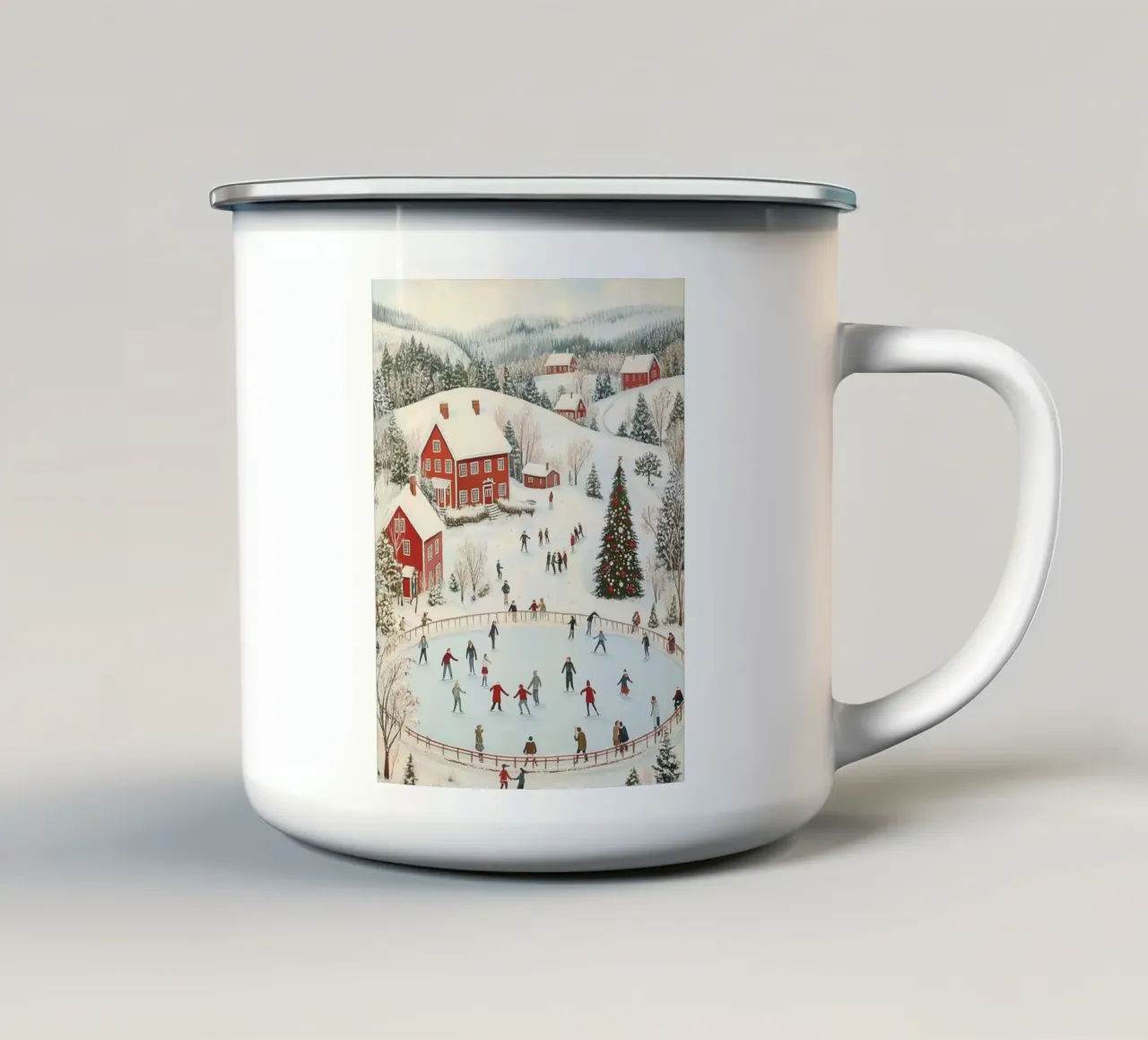 Scena di pattinaggio sul ghiaccio del villaggio invernale tazza in smalto da Melloi Art Print
