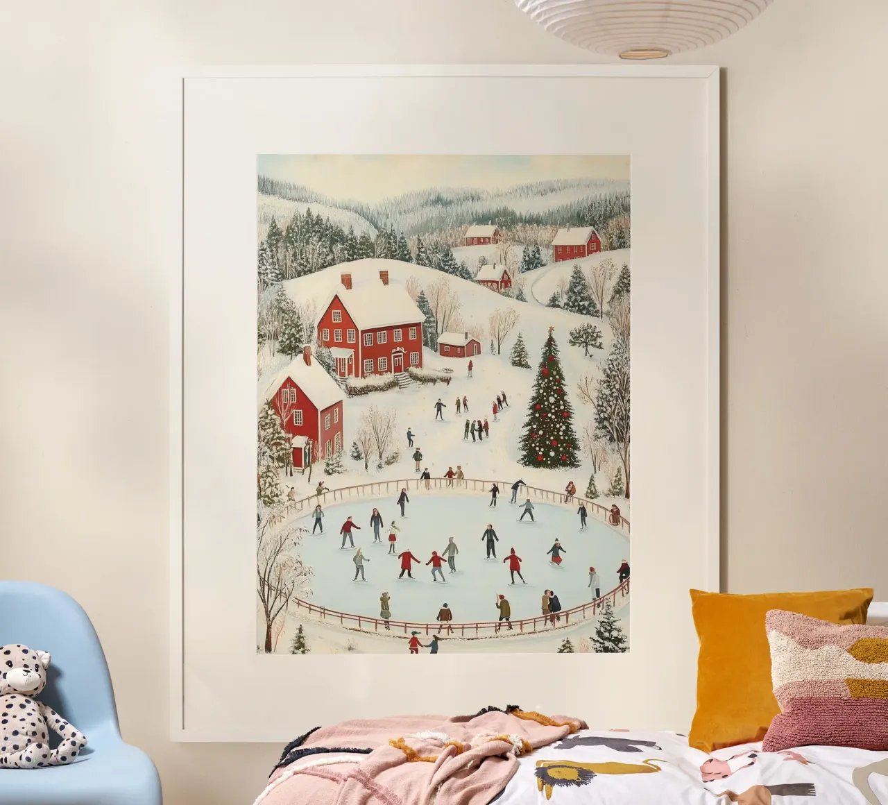 Scena di pattinaggio sul ghiaccio del villaggio invernale poster con telaio in alluminio da Melloi Art Print