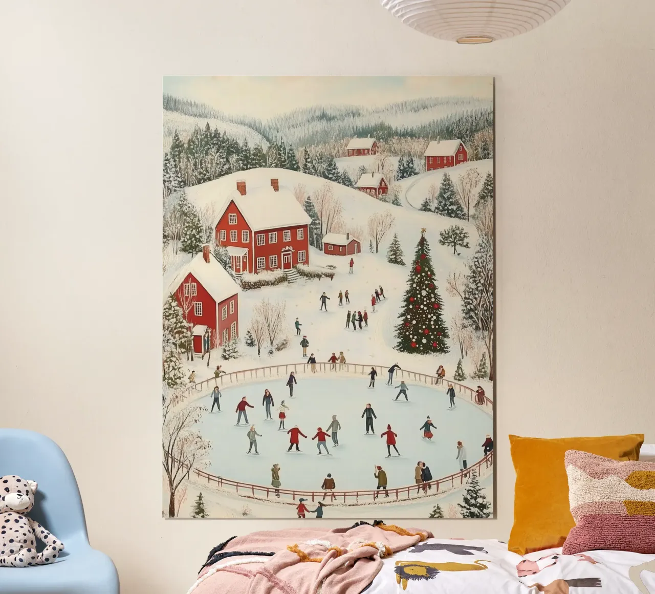 Scena di pattinaggio sul ghiaccio del villaggio invernale poster con telaio in alluminio da Melloi Art Print
