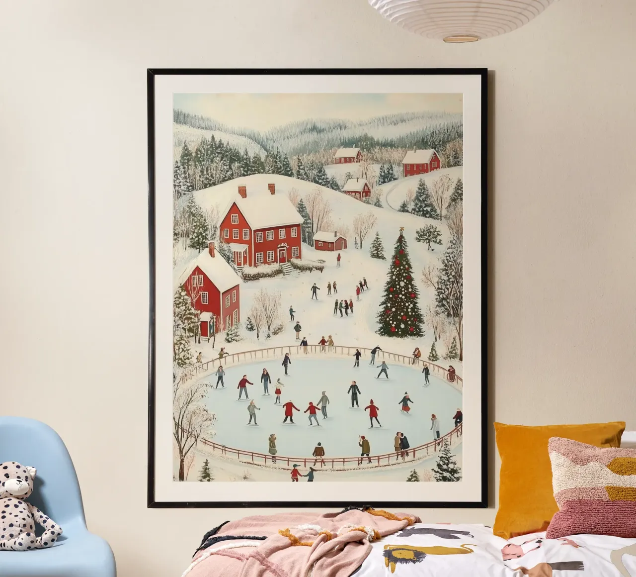 Scena di pattinaggio sul ghiaccio del villaggio invernale poster con telaio in alluminio da Melloi Art Print