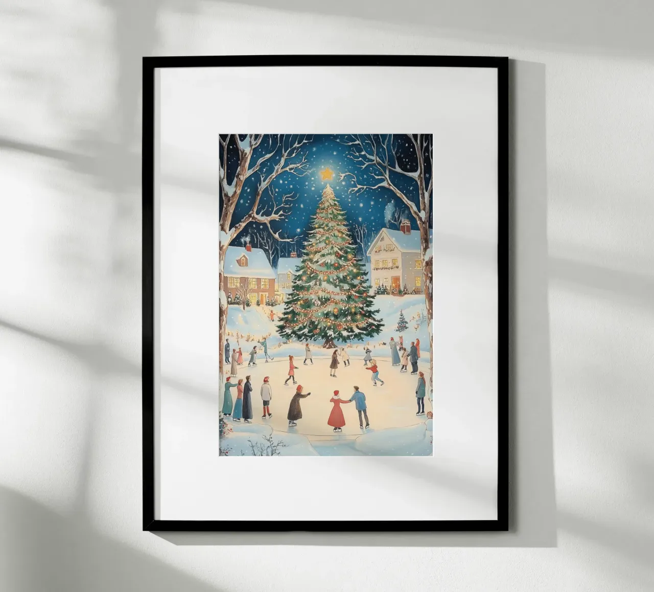 Pattinaggio invernale di Natale poster con telaio in legno da Melloi Art Print