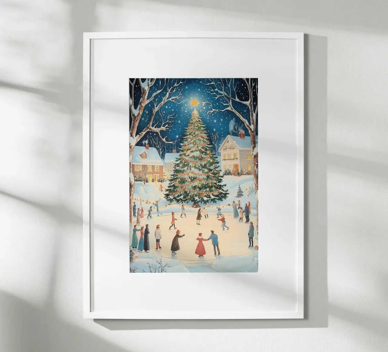 Pattinaggio invernale di Natale poster con telaio in legno da Melloi Art Print