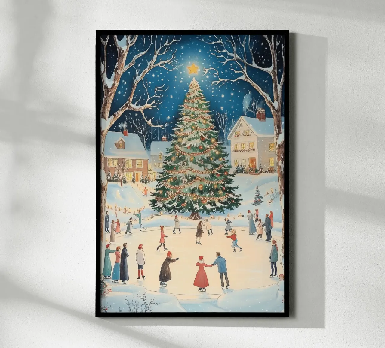 Pattinaggio invernale di Natale poster con telaio in legno da Melloi Art Print