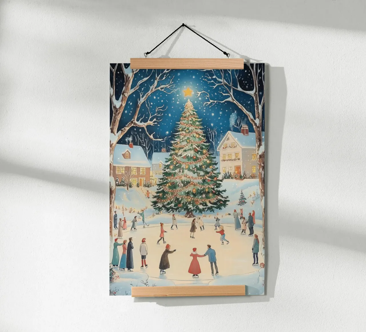 Pattinaggio invernale di Natale poster con telaio in legno da Melloi Art Print