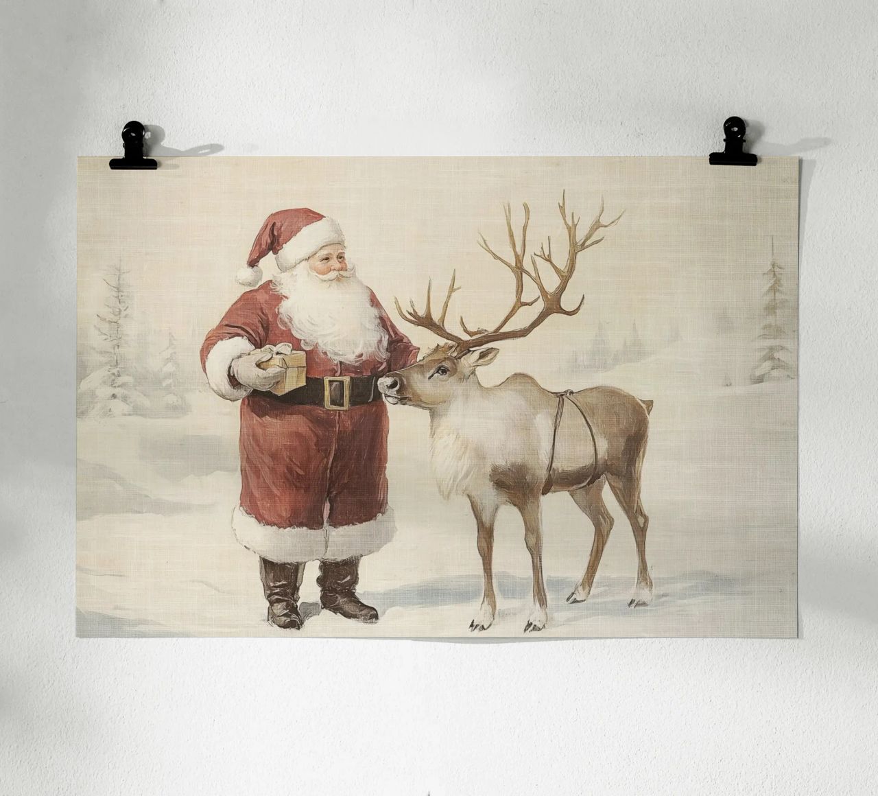 Santa and Reindeer poster met aluminium frame van Melloi Art Print