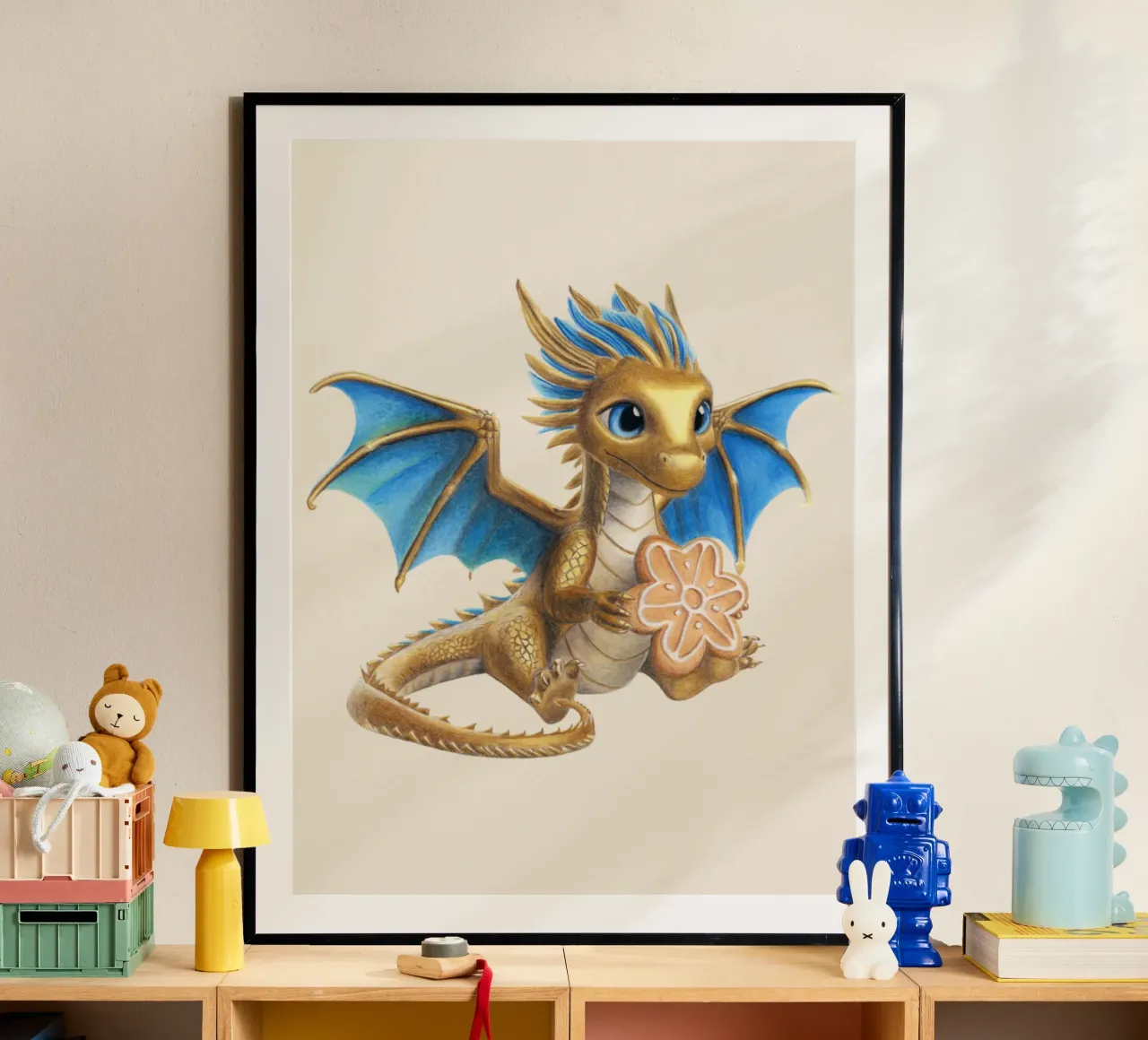 Drago con pan di zenzero poster con telaio in alluminio da Graphit und Farbe