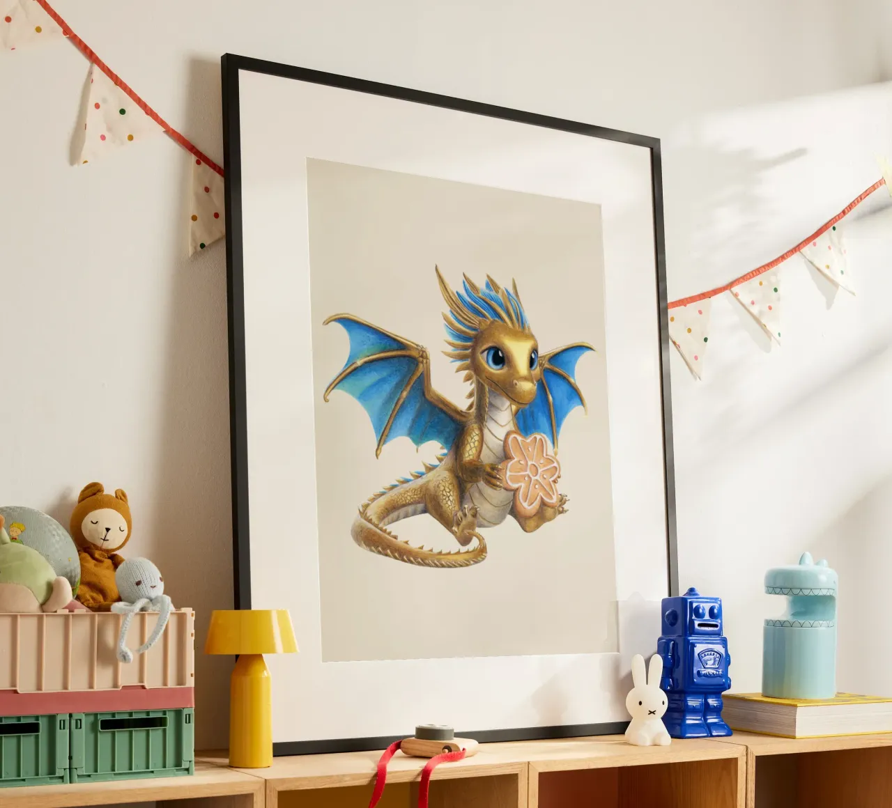 Drago con pan di zenzero poster con telaio in alluminio da Graphit und Farbe