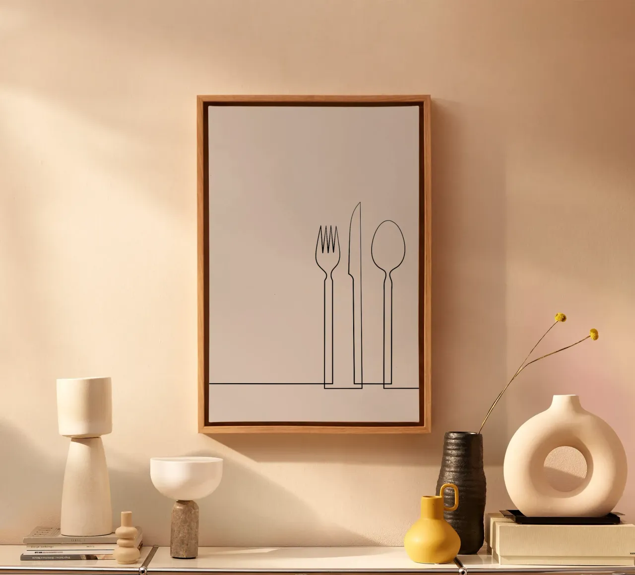 Minimalistische bestek muurkunstprint - Strakke moderne eetkamer canvas met Baklijst van Studio Mooodz