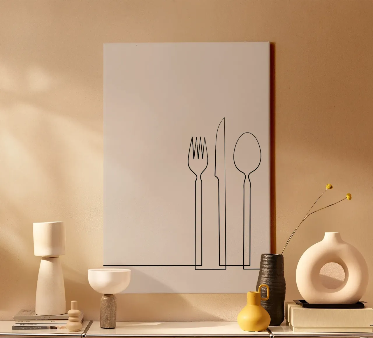 Minimalistische bestek muurkunstprint - Strakke moderne eetkamer canvas met Baklijst van Studio Mooodz