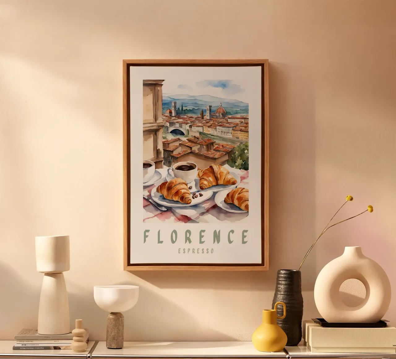 Florence Italië Ontbijt Print, Croissants en Koffie canvas met Baklijst van Bella Studio