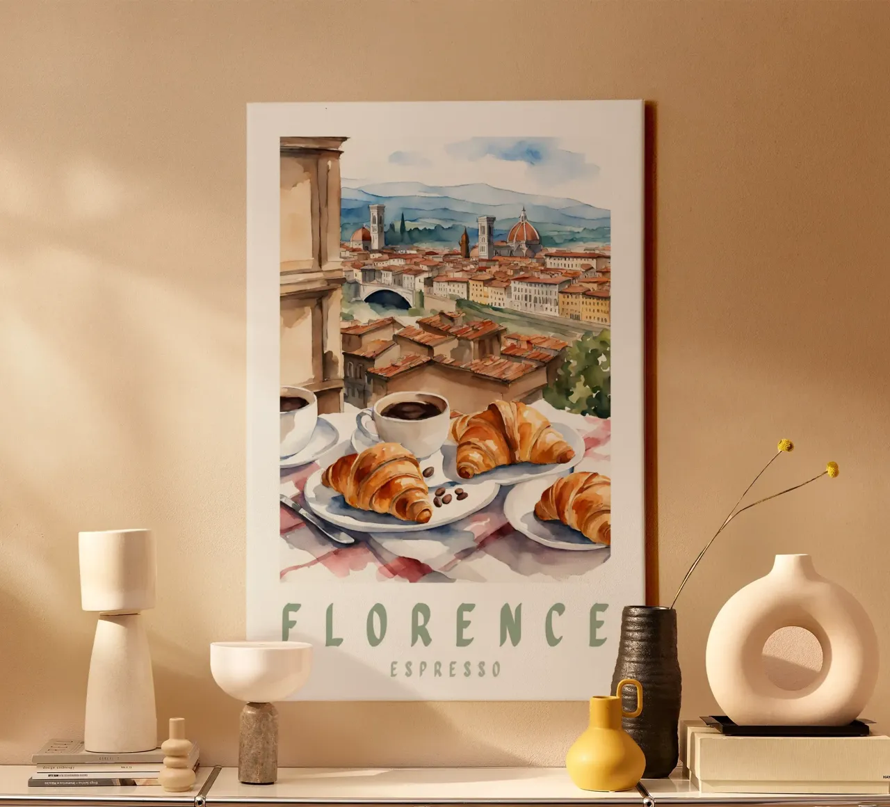 Florence Italië Ontbijt Print, Croissants en Koffie canvas met Baklijst van Bella Studio