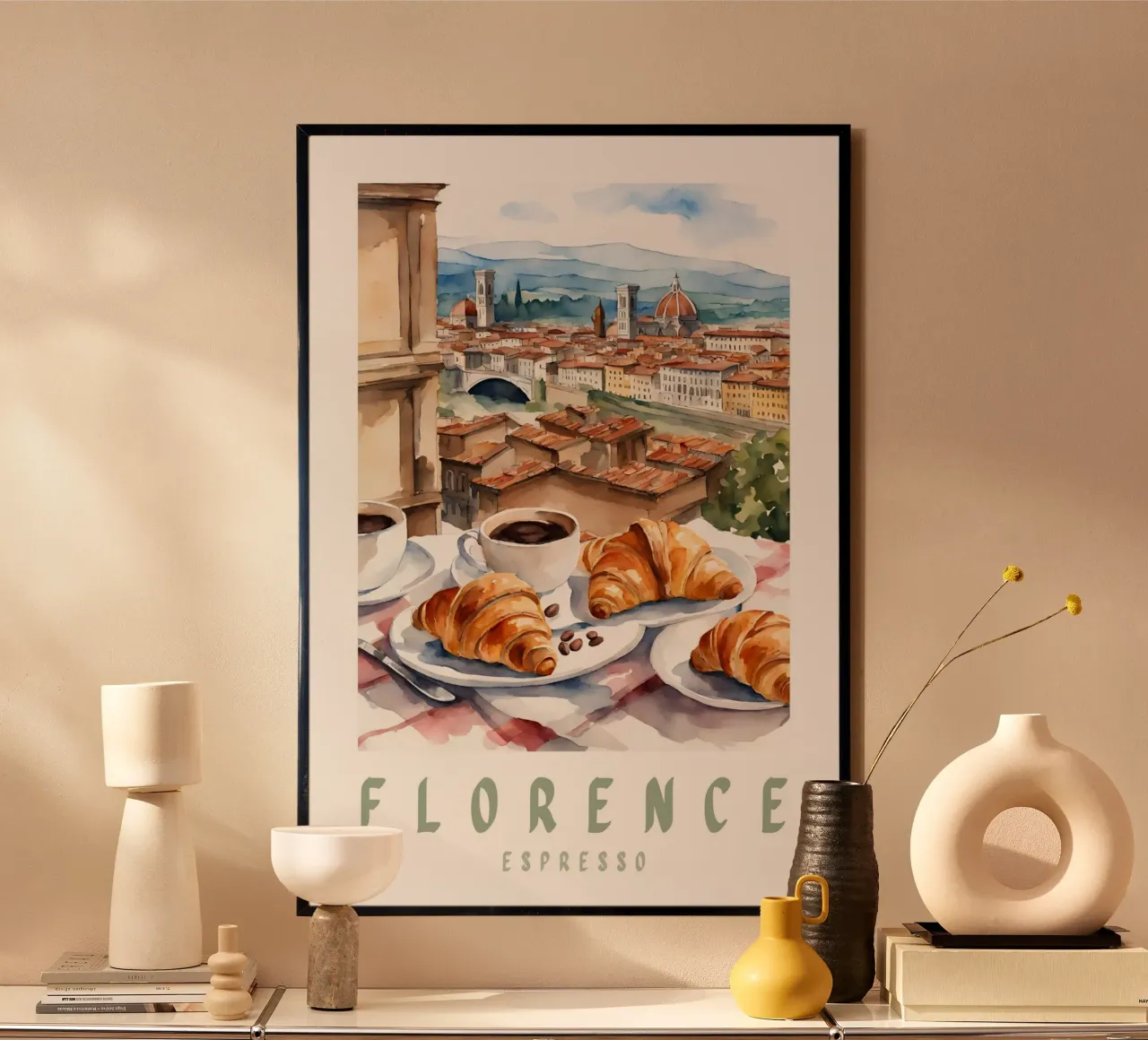 Firenze Italia Colazione stampata, croissant e caffè poster con telaio in plastica da Bella Studio