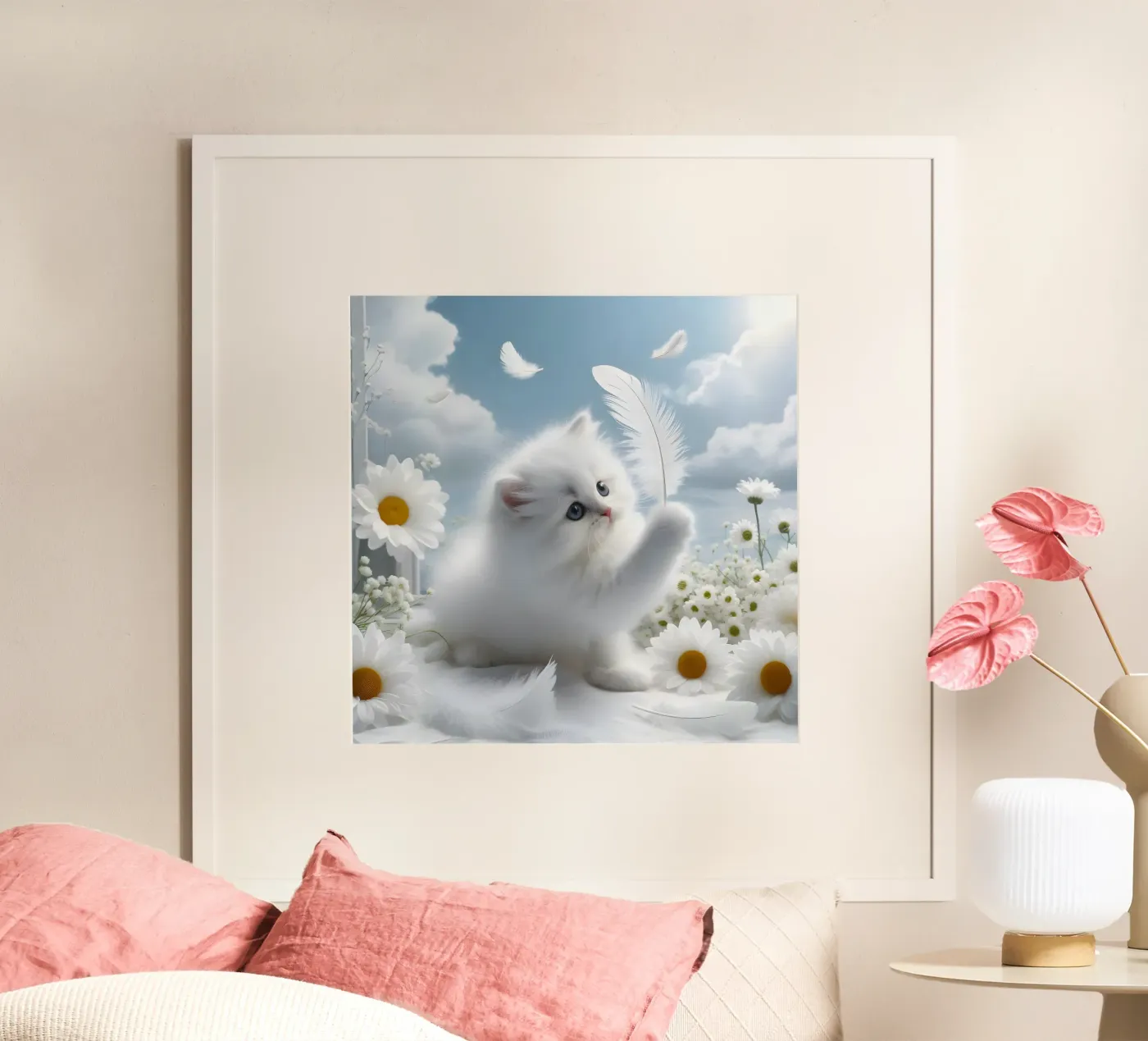 Cat with feather poster by hunde-katzen-tiere