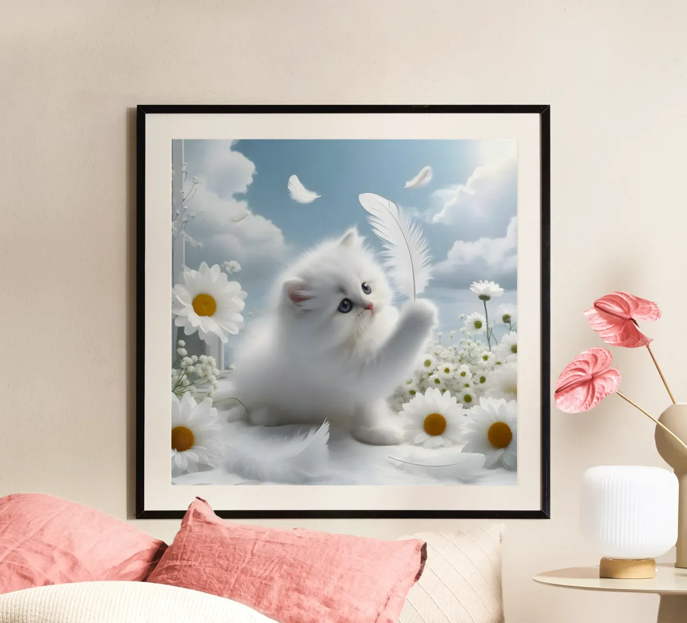 Cat with feather poster by hunde-katzen-tiere