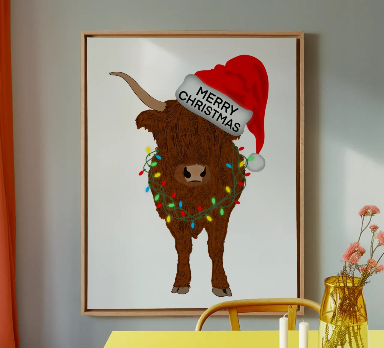 KERST SCOTTISH HIGHLAND KOE canvas met Baklijst van ARTOMATIC