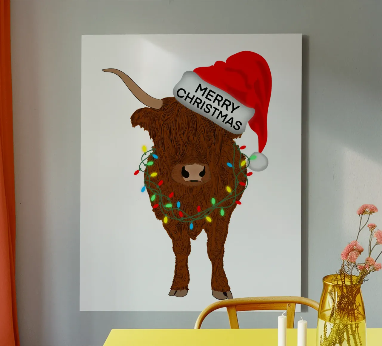KERST SCOTTISH HIGHLAND KOE canvas met Baklijst van ARTOMATIC