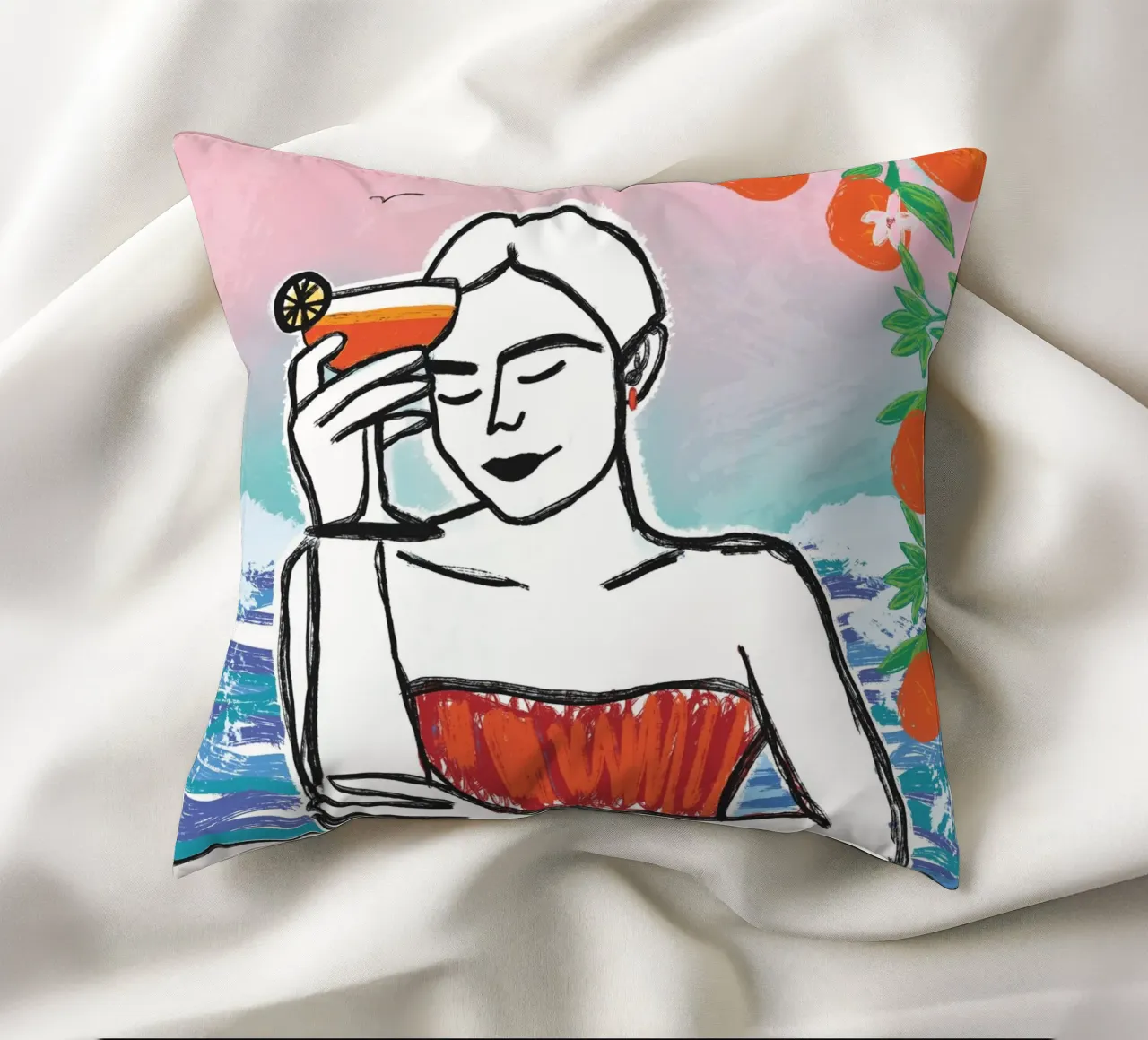 Aperol Frau Am Meer cuscino da ni-ja artboutique
