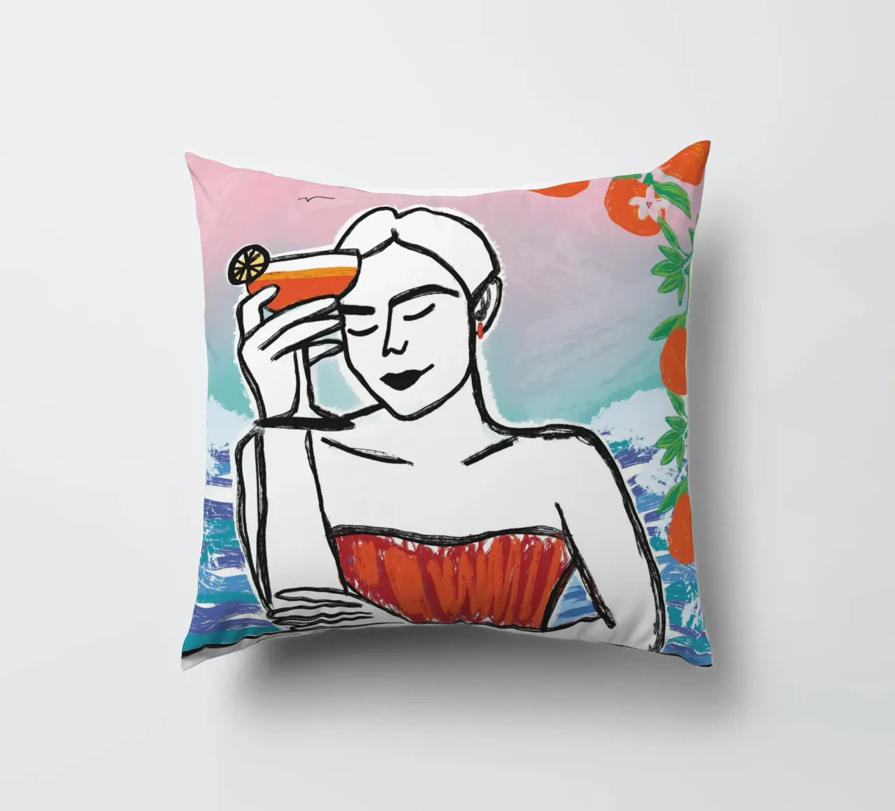 Aperol Frau Am Meer cuscino da ni-ja artboutique