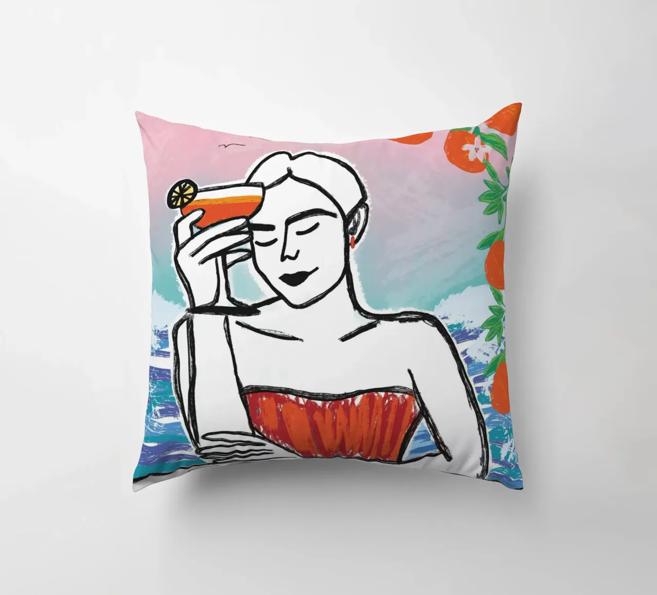 Aperol Frau Am Meer cuscino da ni-ja artboutique