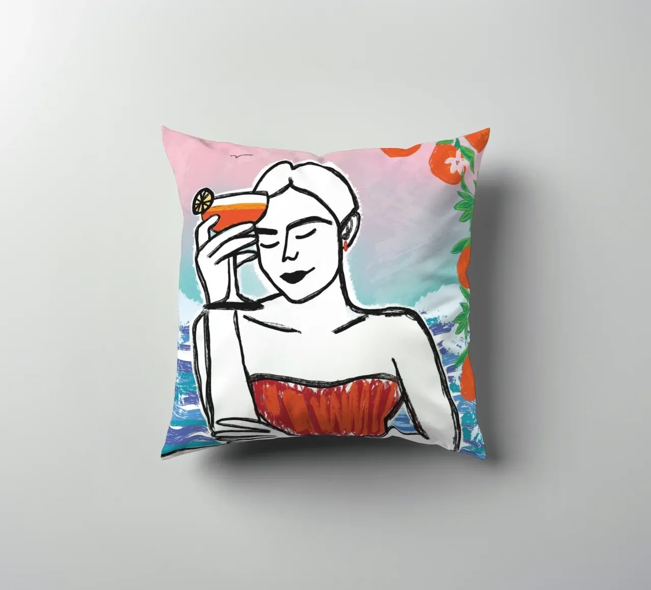 Aperol Frau Am Meer cuscino da ni-ja artboutique