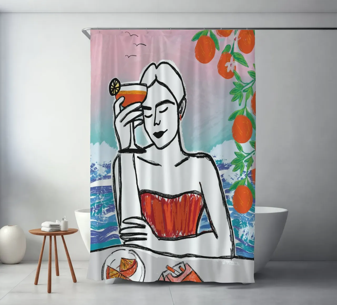 Aperol Frau Am Meer shower curtain by ni-ja artboutique