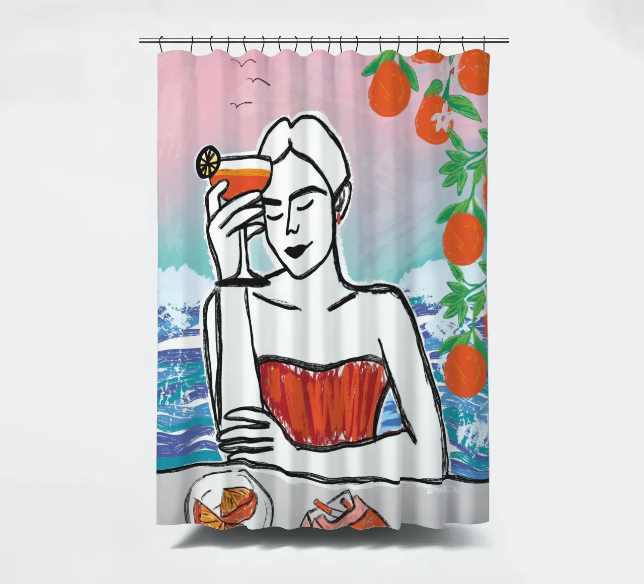 Aperol Frau Am Meer shower curtain by ni-ja artboutique