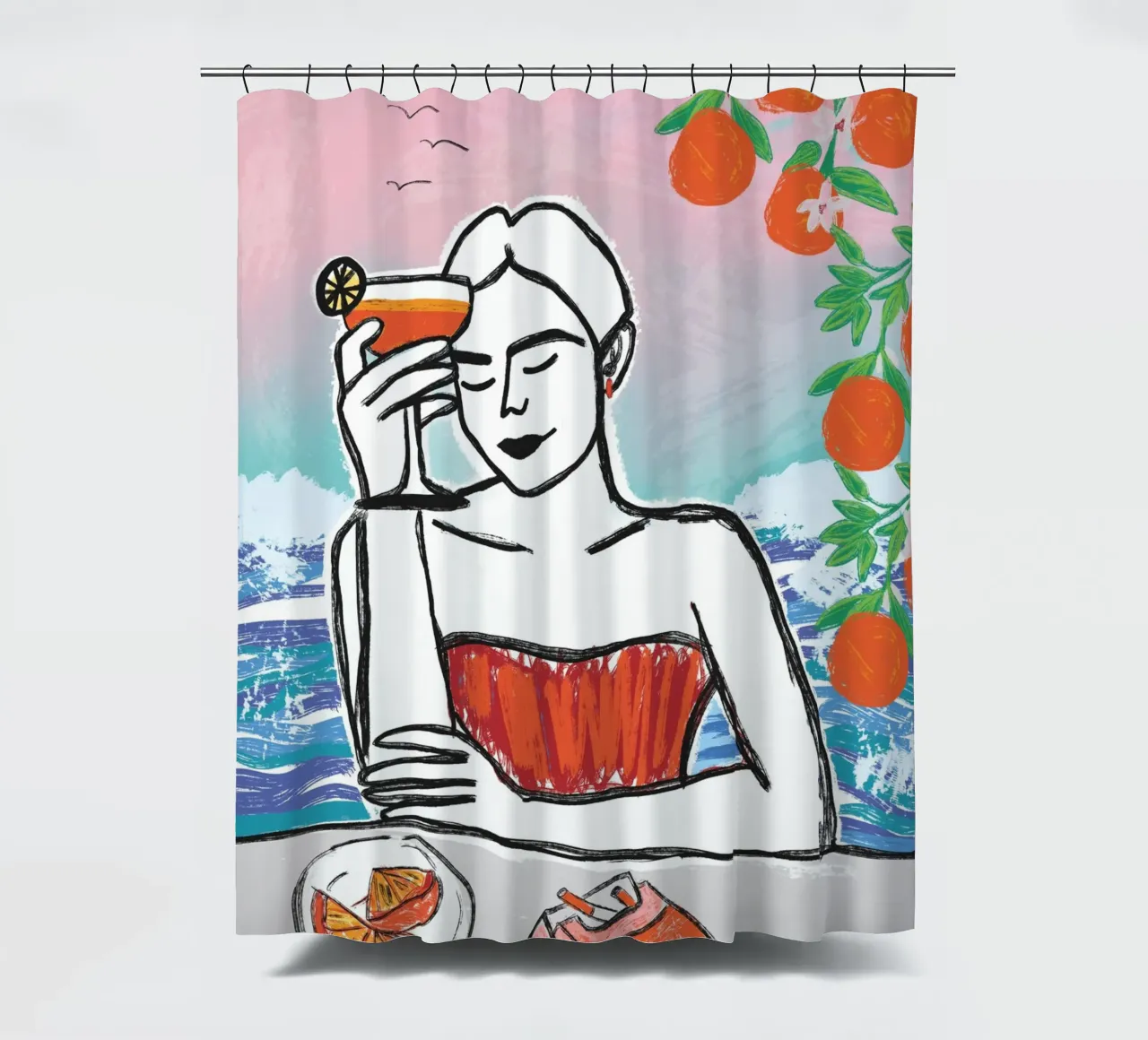 Aperol Frau Am Meer shower curtain by ni-ja artboutique