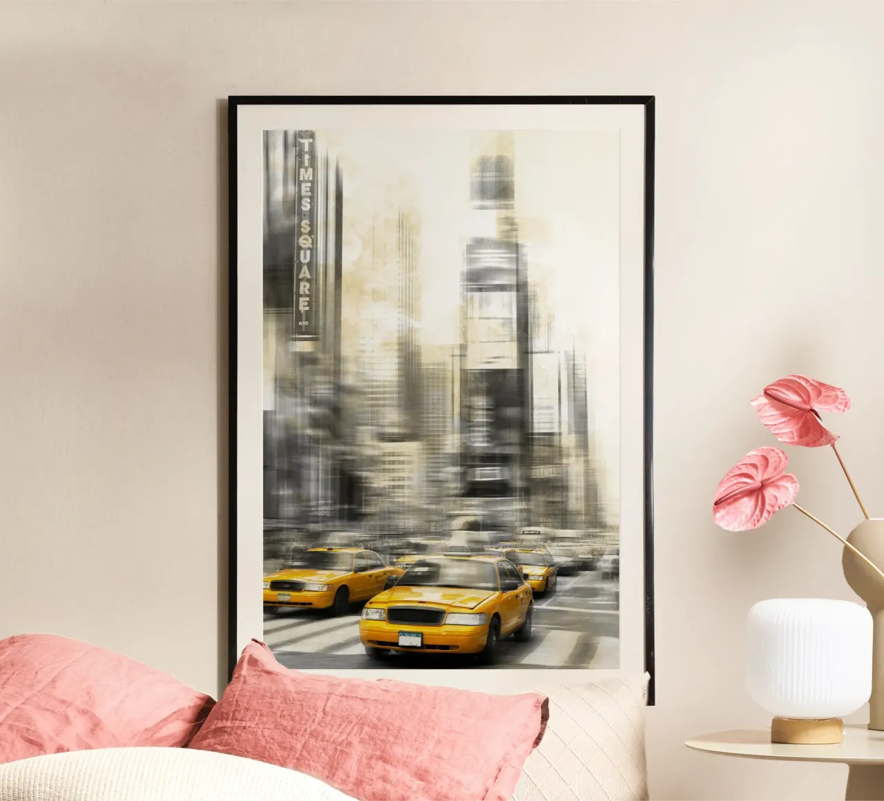 Moderne Kunst TIMES SQUARE Poster mit Holzrahmen von Melanie Viola