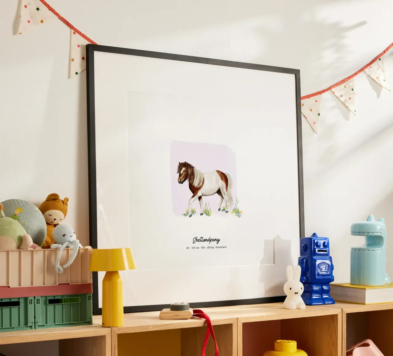 Shetlandpony • Pferde Illustration poster with wooden frame by Moonlit Illustrations