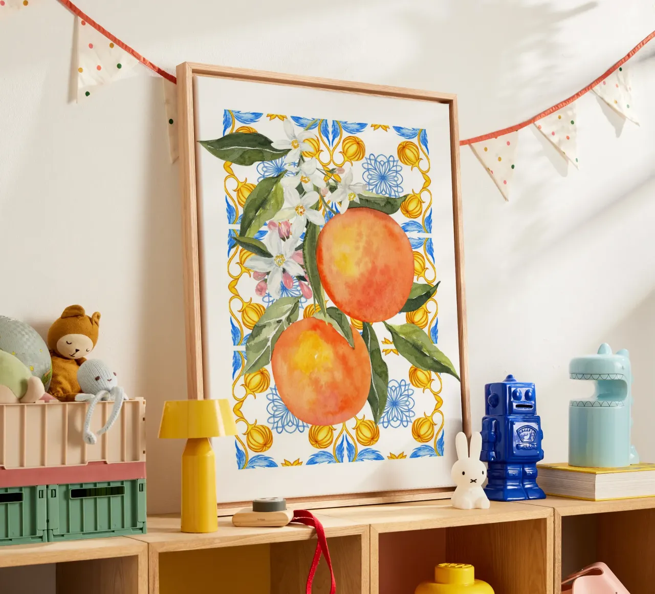 Orange Mediterranean Tile Print tela con Cornice a cassetta da Bella Studio