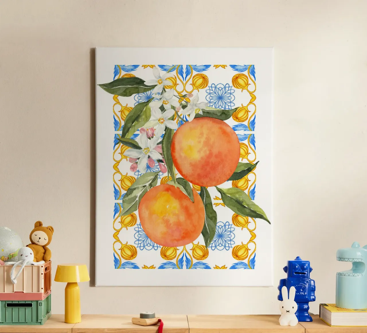 Orange Mediterranean Tile Print tela con Cornice a cassetta da Bella Studio